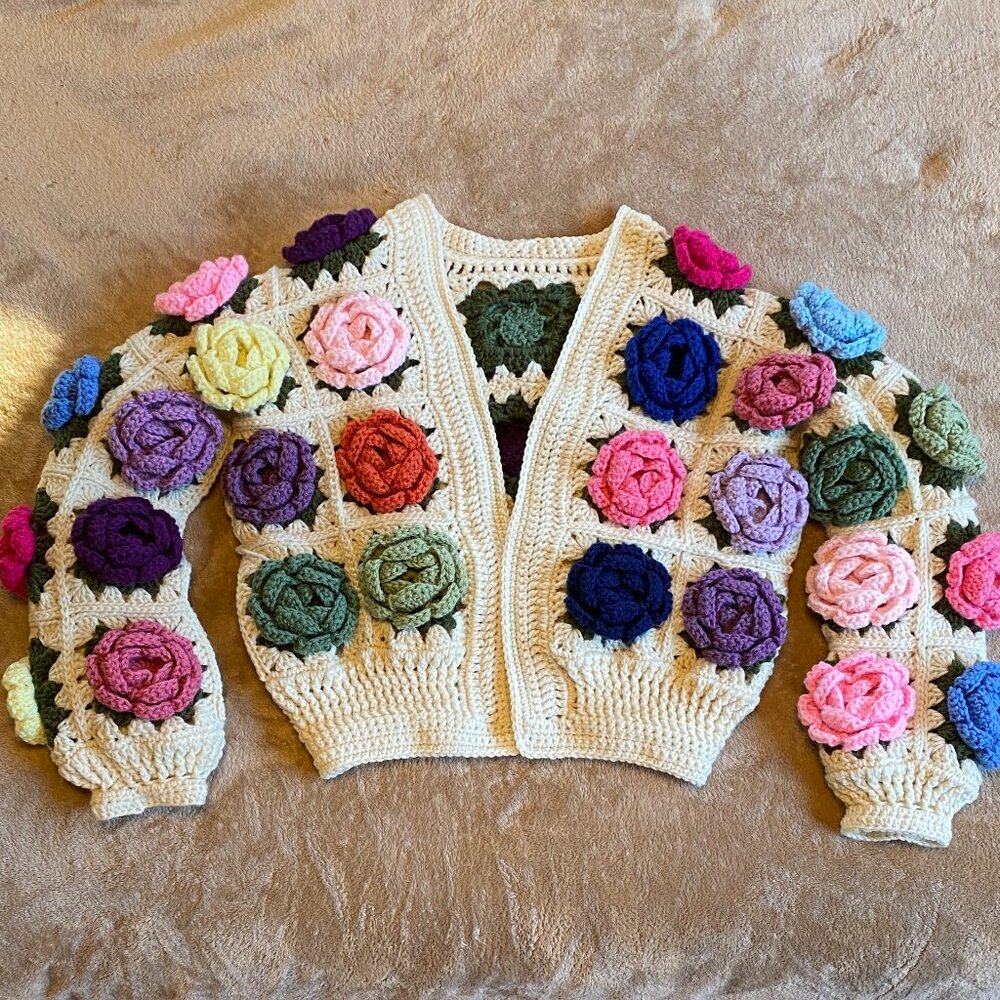 Handmade Crochet Rose Granny Square  Cardigan
